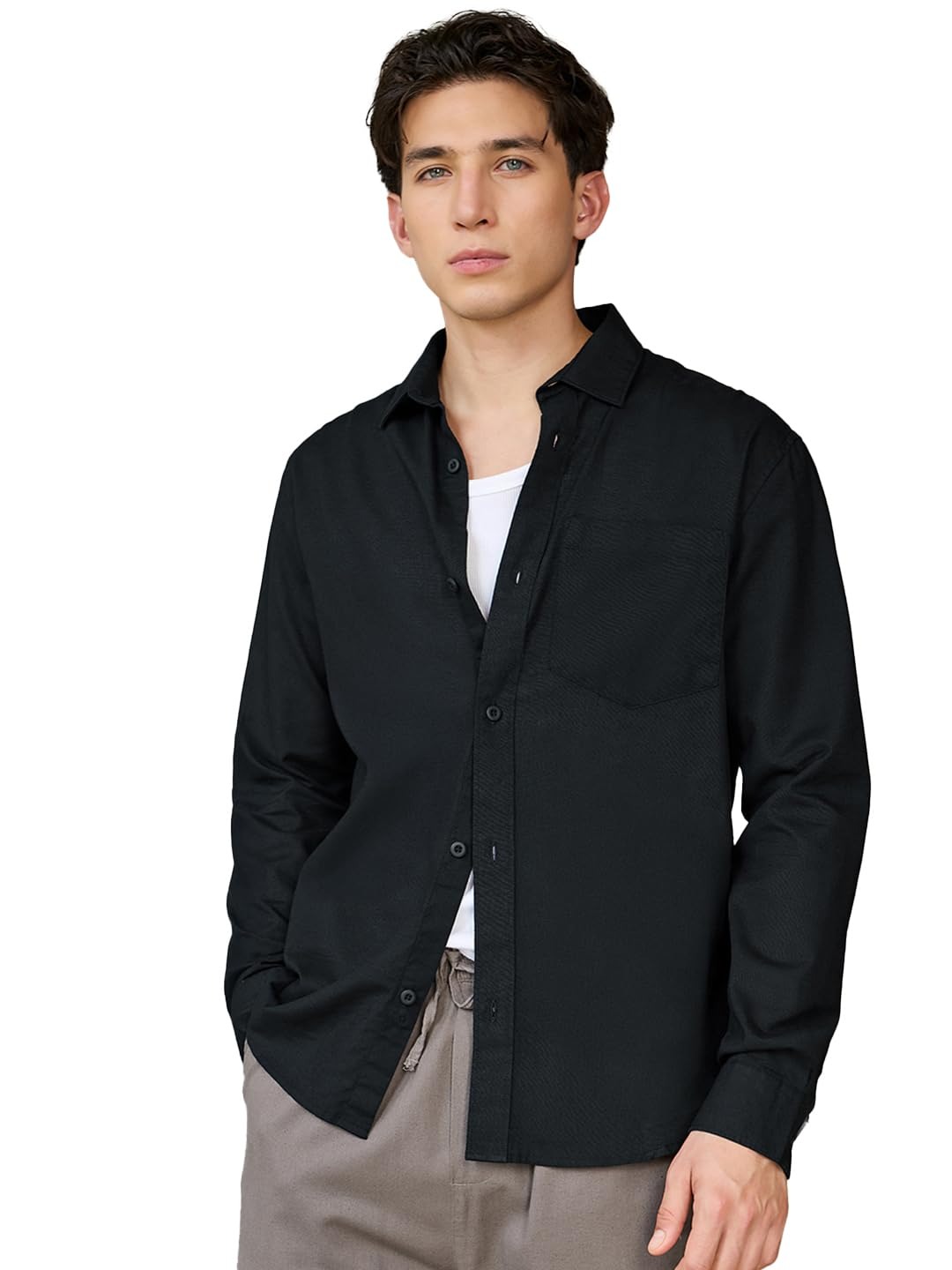 Bewakoof Mens Solid Regular Fit Full Sleeve Collar Cotton Linen Blend Shirt - Image 5