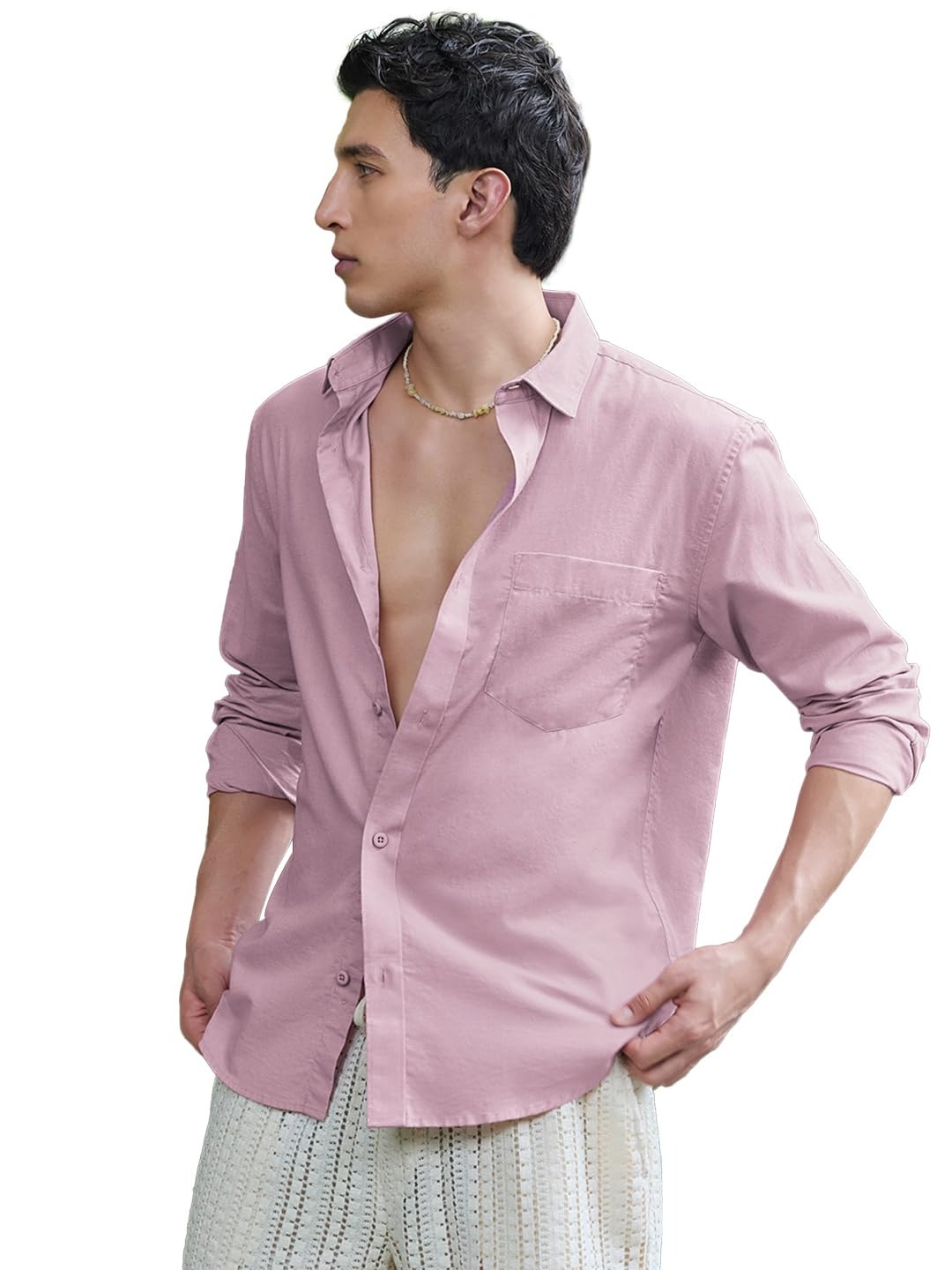 Bewakoof Mens Solid Regular Fit Full Sleeve Collar Cotton Linen Blend Shirt